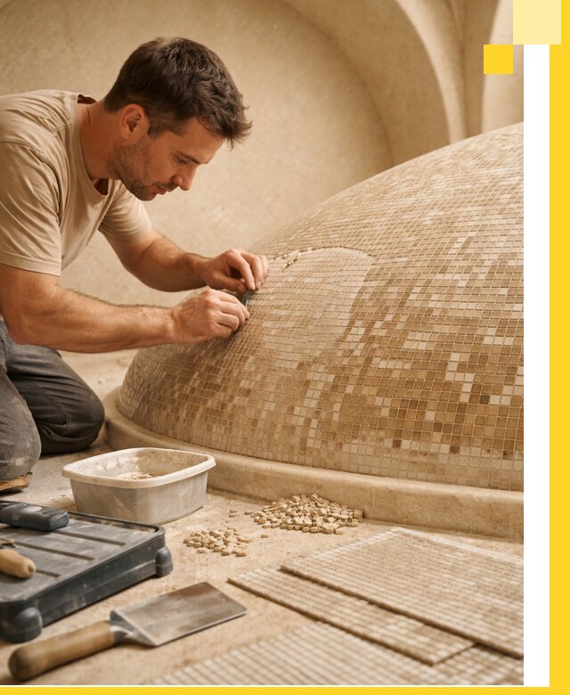 Профессиональная укладка мозаики для хамама под ключ в Рыбинске